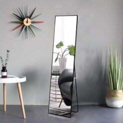 Oglinda de podea, cu suport, metal, negru, 150x40cm