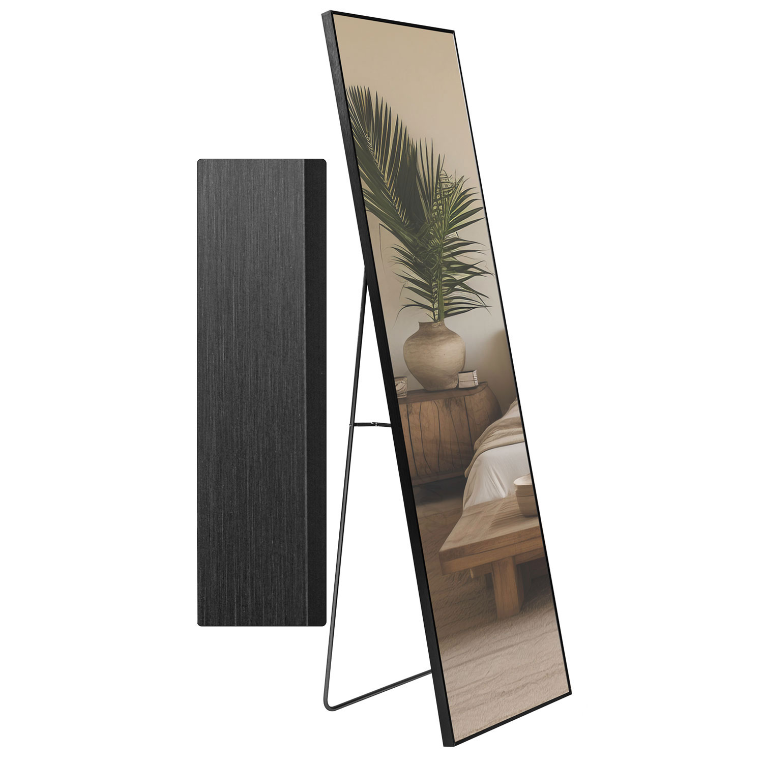 Oglinda 150x40cm, de podea/perete, negru, cu suport, cu picior, aluminiu