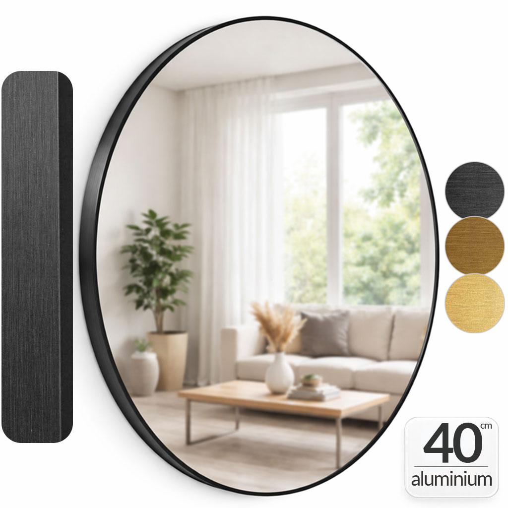 Oglinda 40cm rotunda, de perete, decorativa, décor, pentru hol, dormitor, aluminiu, rama neagra periat metalizat, Callena