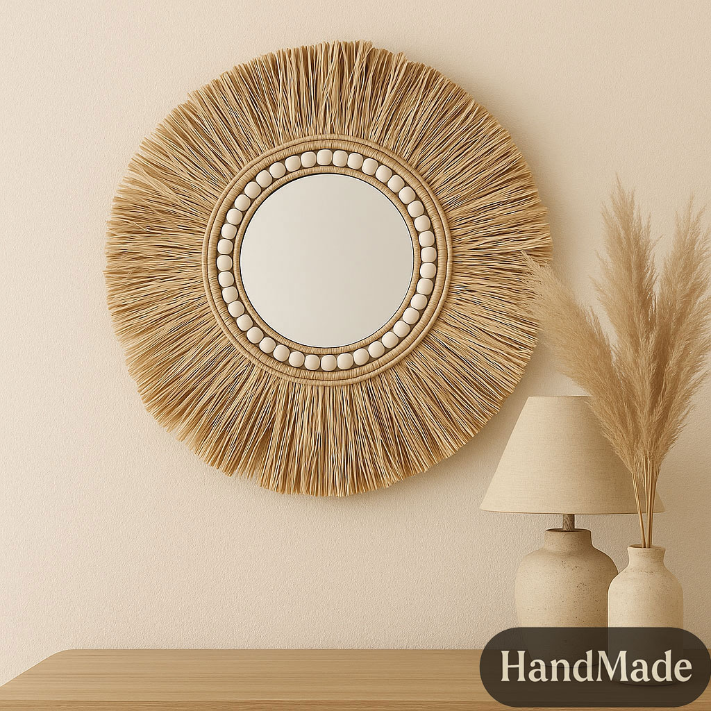 Oglinda decorativa vintage, rotunda, raze de soare, boho, rafie, lemn, bej, 43x43cm, Callena Oglinda decorativa vintage, rotunda, raze de soare, boho, rafie, lemn, bej, 43x43cm, Callena
