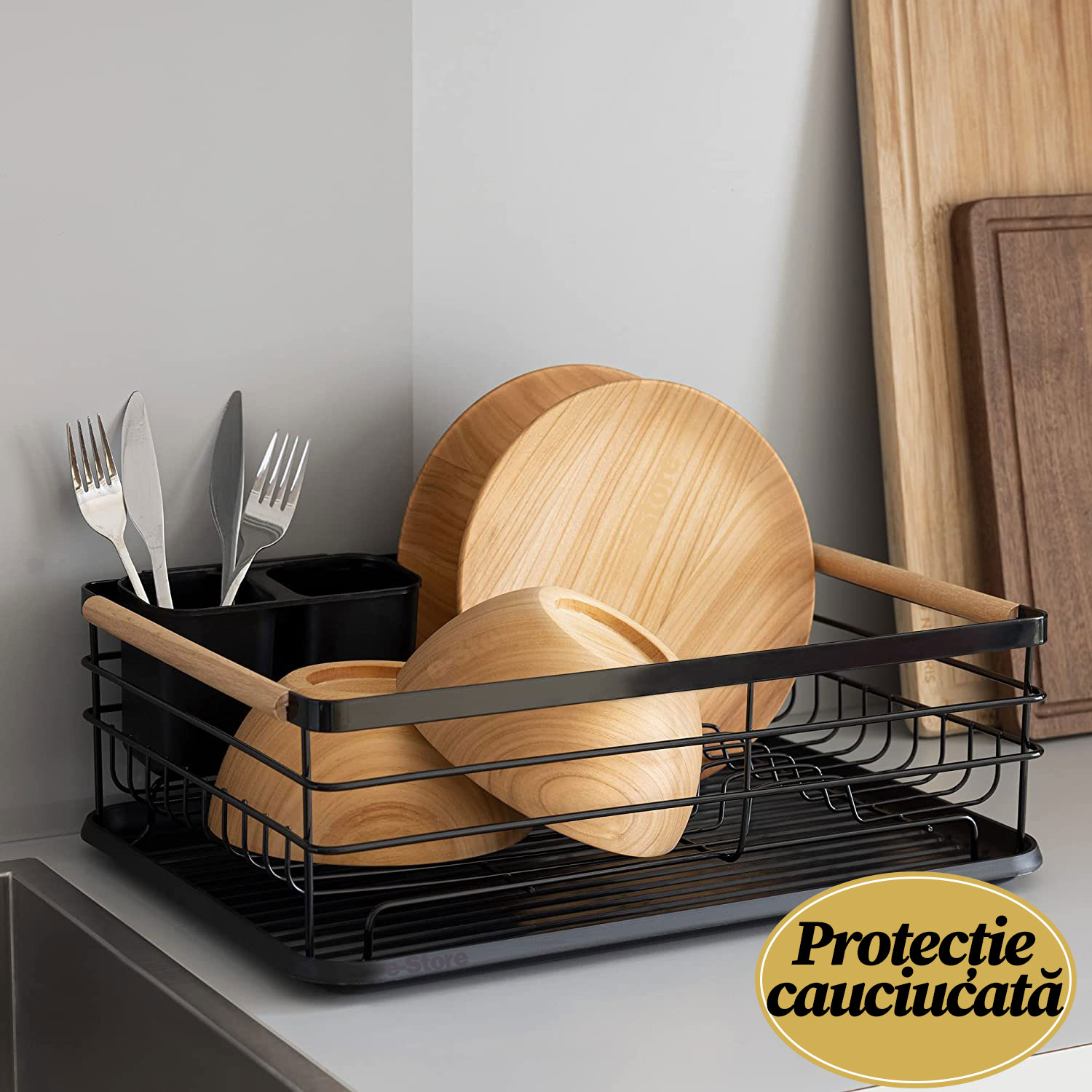 Scurgator, picurator vase chiuveta etajat, uscator negru cu suport tacamuri, 43x31x27cm, Callena Scurgator vase chiuveta, vintage, suport tacamuri si manere bambus, negru, 43x32x14 cm, Callena