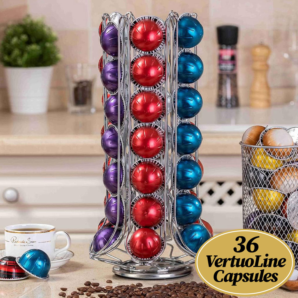 Suport 36 capsule cafea Nespresso Vertuo Line, argintiu, rotativ, otel, 33x18 cm, Callena
