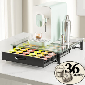Suport 36 capsule cafea Dolce Gusto cu sertar si sticla, negru, otel, 39x35x8cm, Callena
