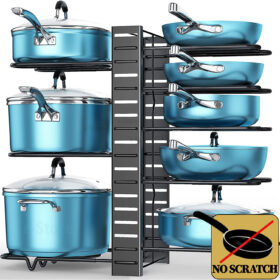 Suport reglabil 9 capace oala, cratite, organizator tigai, montaj vertical sau orizontal, din Otel, cu Protectie Cauciuc, pentru dulap, blat, Negru