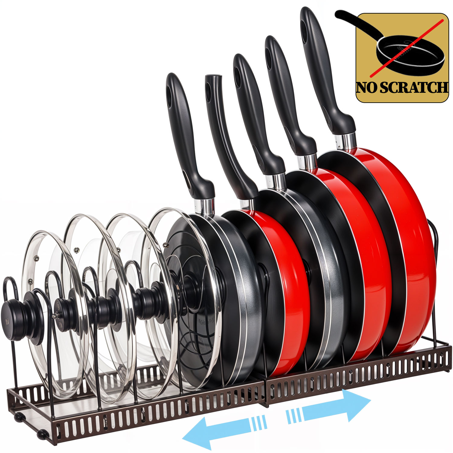 Suport reglabil capace oala, organizator tigai, orizontal, pentru dulap sau blat, bucatarie, otel cu protectie cauciuc, 10 separatoare, Bronz, Callena Suport reglabil capace oala, organizator tigai, orizontal, pentru dulap sau blat, bucatarie, otel cu protectie cauciuc, 10 separatoare, Bronz, Callena