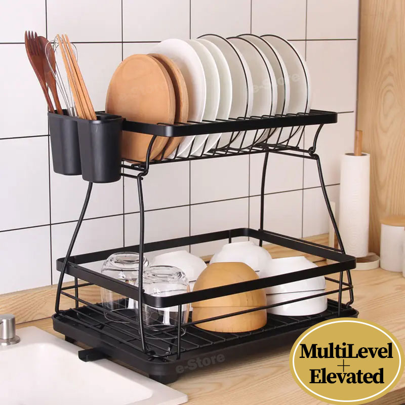 Scurgator, picurator vase chiuveta etajat, uscator negru cu suport tacamuri, 43x31x27cm, Callena Scurgator, picurator vase chiuveta etajat, inalt, cu suport tacamuri, tava si tub de scurgere rotativ, negru, 43x31x37cm, Callena