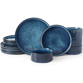 Set vesela, serviciu de masa cu 12 farfurii si boluri din ceramica glazurata Albastra, set farfurii colorate, moderne, Callena Cosmic Blue