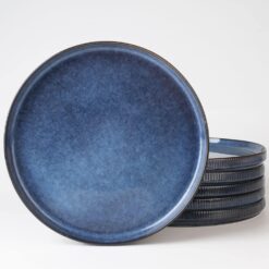 Set 4 farfurii ceramica glazurata albastra, plate, cu dungi, 26cm