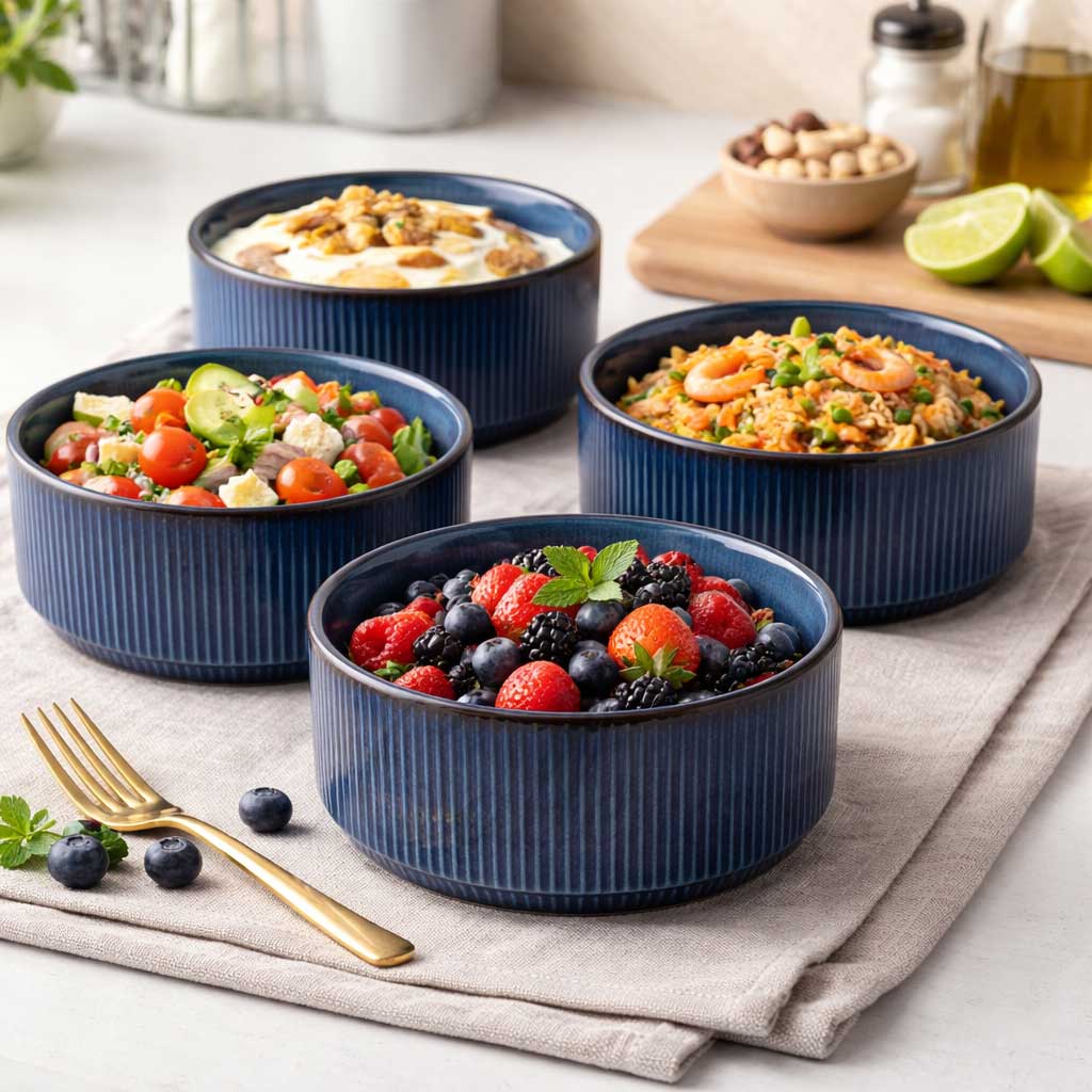 Set 4 farfurii intinse, farfurii ceramica glazurata albastra, 21 cm, Callena Cosmic Blue Set 4 farfurii adanci, farfurii ceramica glazurata albastra, 14x6cm, Callena Cosmic Blue