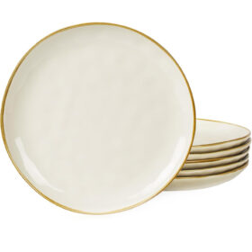 Set 4 farfurii intinse, farfurii vintage din ceramica glazurata bej cu margini maro aurii, 27.5 cm, Callena Belle Époque