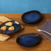 Set 4 farfurii intinse diforme,  farfurii ceramica dublu glazurata, albastru negru, 16x12x1.5 cm, Callena Deep Glaze
