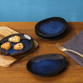 Set 4 farfurii intinse diforme,  farfurii ceramica dublu glazurata, albastru negru, 16x12x1.5 cm, Callena Deep Glaze