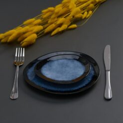 Set 4 farfurii plate diforme, ceramica dublu glazurata, albastru negru, 16x12cm