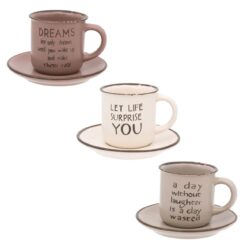 Set 3 cesti si 3 farfurioare de cafea/ceai din ceramica in 3 culori, 130 ml
