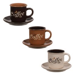 Set 3 cesti de cafea cu 3 farfurioare in 3 nuante de maro cu text “Coffe Time”, 130ml
