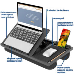 Masa laptop reglabila cu mouse pad, suport telefon, pix, perna dubla, negru, 52x28x6cm