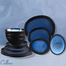 Set vesela, serviciu de masa cu 16 farfurii, boluri, din ceramica albastra cu margini negre, set farfurii colorate, moderne, diforme, Callena Deep Glaze