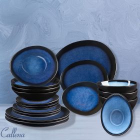Set vesela, serviciu de masa cu 20 farfurii, boluri, din ceramica albastra cu margini negre, set farfurii colorate, moderne, diforme, Callena Deep Glaze