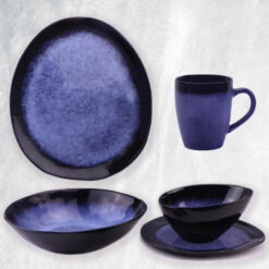 Serviciu de masa 20 piese, ceramica dublu glazurata, diform, albastru cu margini negre