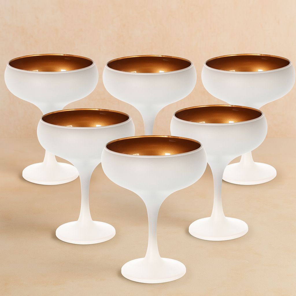 Set 6 pahare cocktail, sampanie, pahare cu picior negru mat, interior bronz, 230ml Set 6 pahare cocktail, sampanie, pahare cu picior alb mat, interior bronz, 230ml