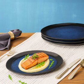 Set 4 farfurii intinse diforme, farfurii ceramica dublu glazurata, albastru negru, 28x24x1.5 cm, Callena Deep Glaze