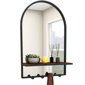 Oglinda arcada cu raft, etajera, cuier, oglinda decorativa, de perete, rama neagra din metal, pentru hol, 90x60 cm, Callena
