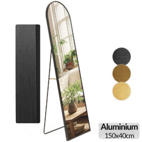 Oglinda cu picior, verticala, 150x40cm, de podea/perete, rama Neagra, forma Arcada, cu suport, rama din aluminiu, pentru hol, living, sufragerie, Callena