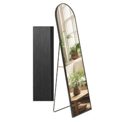 Oglinda 150x40cm de podea/perete, negru metalizat, arcada, cu suport, cu picior, aluminiu, Callena