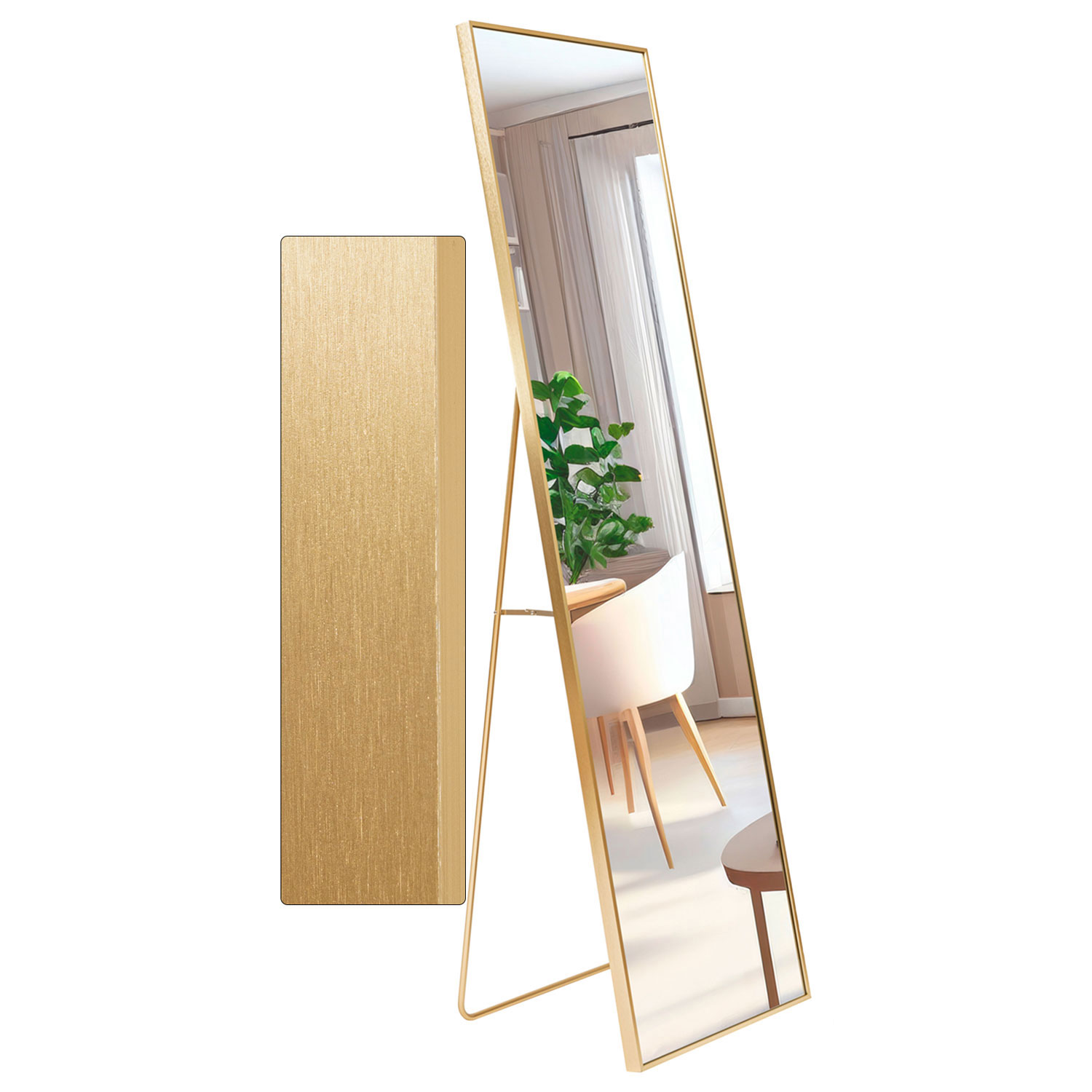 Oglinda 150x40cm, de podea/perete, auriu metalizat, cu suport, cu picior, aluminiu, Callena