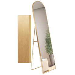 Oglinda 150x40cm de podea/perete, auriu metalizat, arcada, cu suport, cu picior, aluminiu, Callena