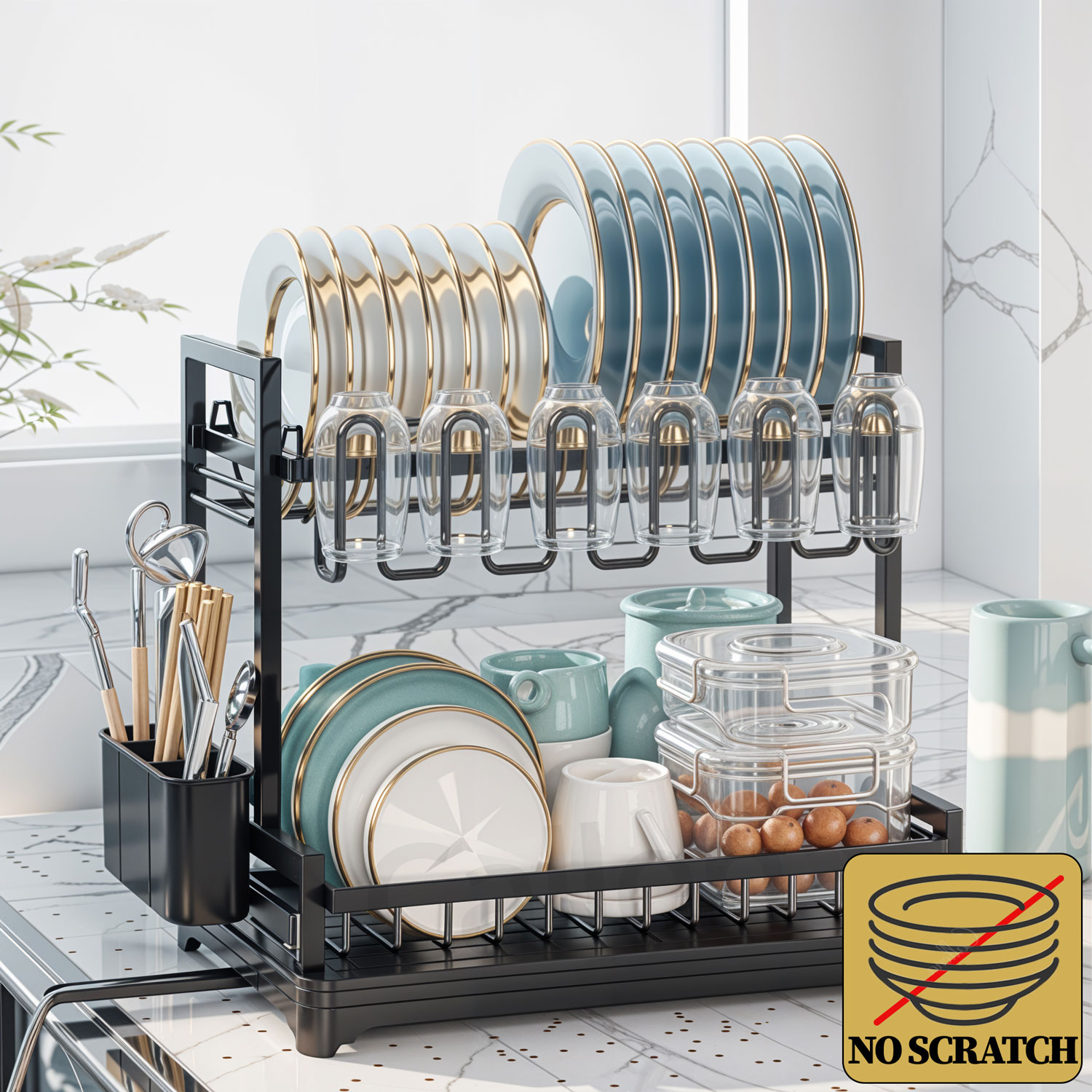 Scurgator, picurator vase chiuveta etajat, uscator negru cu suport tacamuri, 43x31x27cm, Callena Scurgator vase chiuveta etajat, uscator vase cu protectii cauciuc, suport pahare si tacamuri, tava si tub de scurgere, negru, 42x39x30cm, Callena