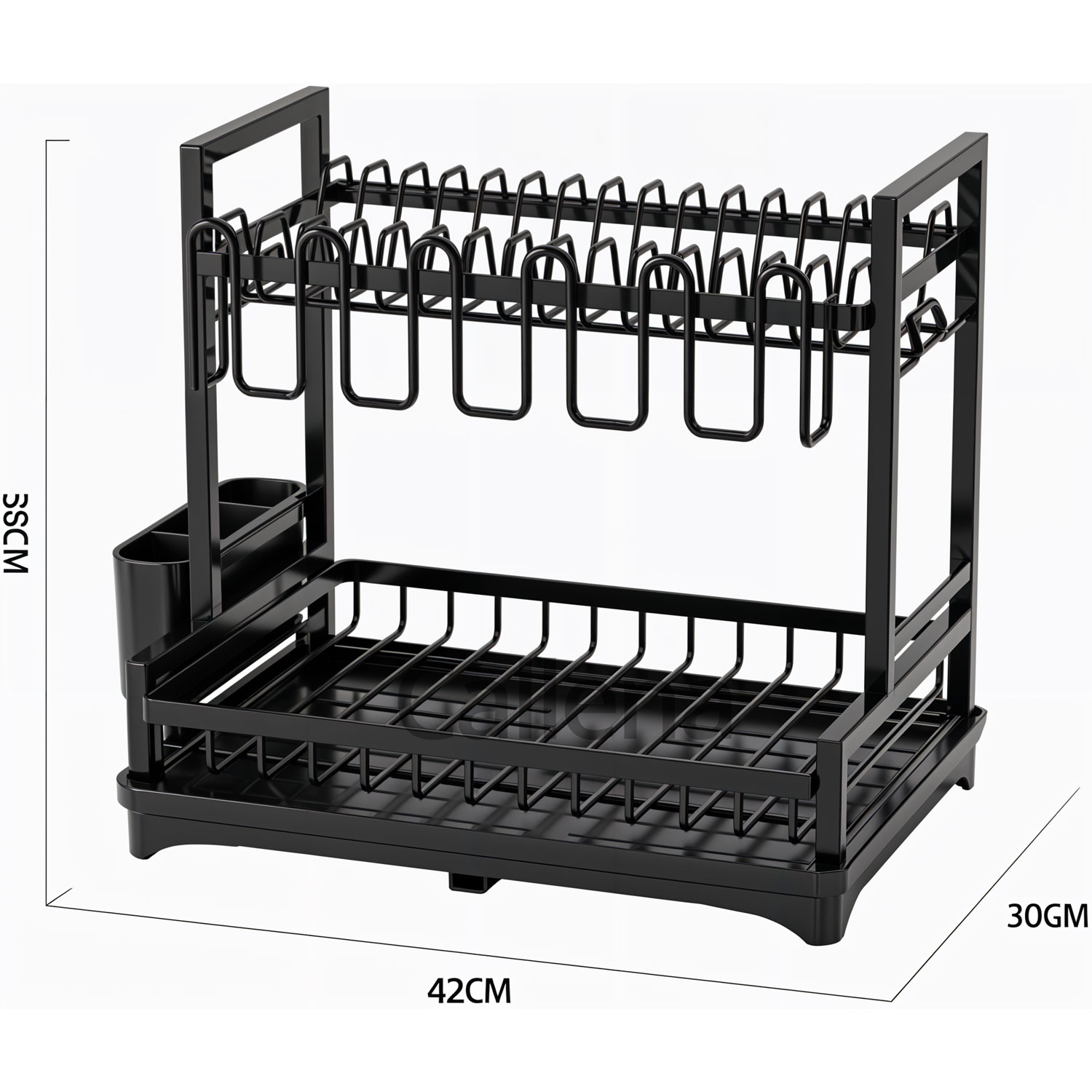 Scurgator vase chiuveta etajat, uscator vase cu protectii cauciuc, suport pahare si tacamuri, tava si tub de scurgere, negru, 42x39x30cm, Callena Scurgator vase chiuveta etajat, uscator vase cu protectii cauciuc, suport pahare si tacamuri, tava si tub de scurgere, negru, 42x39x30cm, Callena - imagine 9