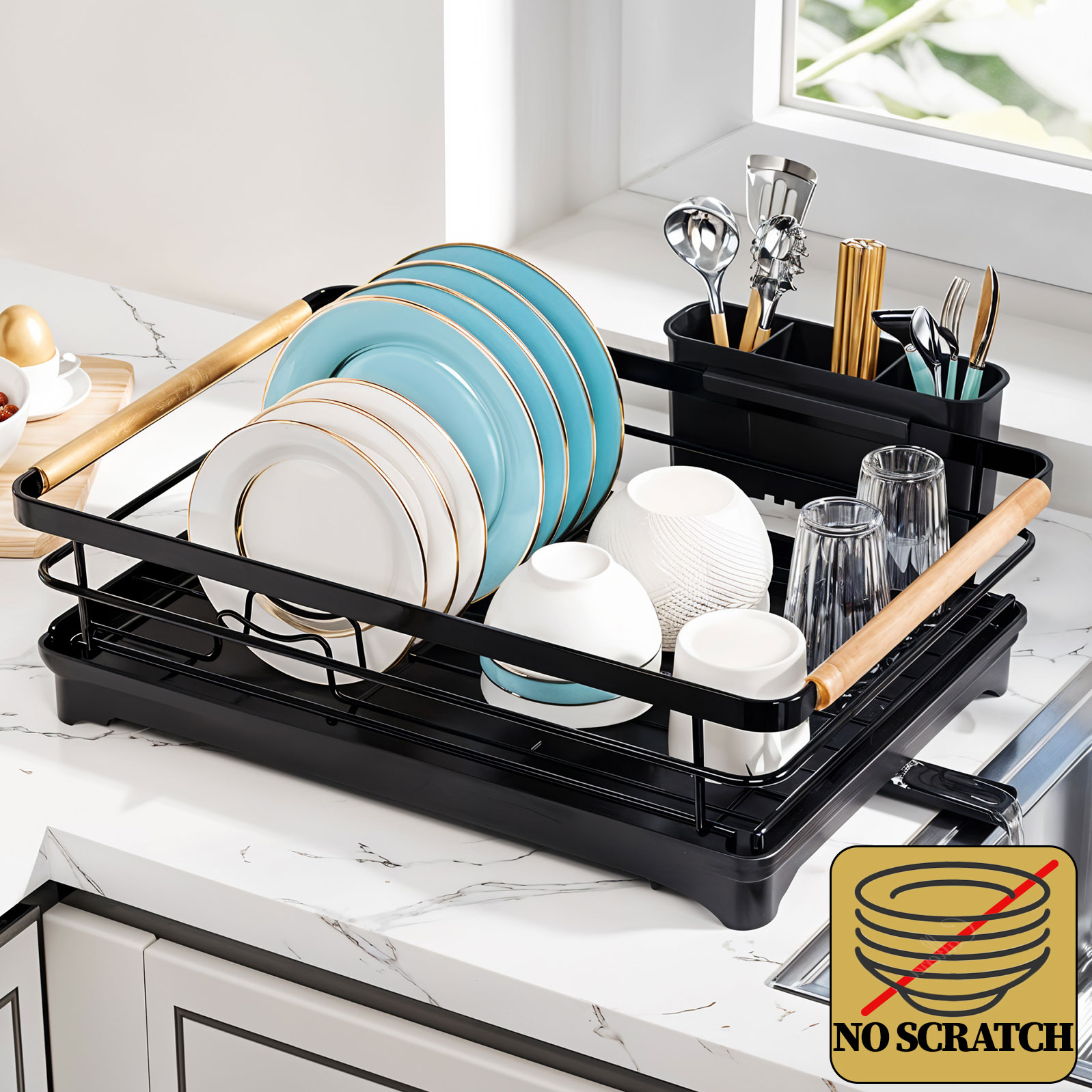 Scurgator, picurator vase chiuveta etajat, uscator negru cu suport tacamuri, 43x31x27cm, Callena Scurgator vase chiuveta, uscator vase cu protectii cauciuc, manere bambus, cu tava si tub de scurgere, negru, vintage, 42x31x14cm, Callena