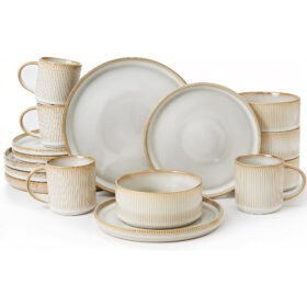 Set vesela, serviciu de masa cu 16 farfurii, boluri si cani din ceramica glazurata Bej, set farfurii colorate, moderne, ceramica glazurata albastra, Callena Cappuccino