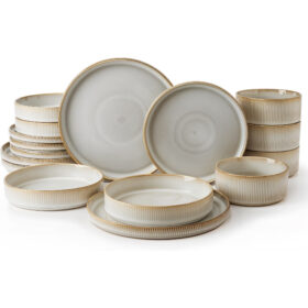 Set vesela, serviciu de masa cu 16 farfurii, boluri si farfurii adanci din ceramica glazurata Bej, set farfurii colorate, moderne, Callena Cappuccino