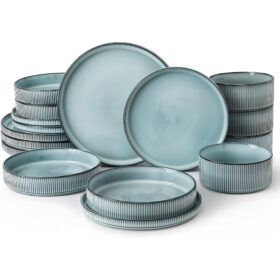 Set vesela, serviciu de masa cu 16 farfurii, boluri si farfurii adanci din ceramica glazurata Albastru-verde, set farfurii colorate, moderne, Callena Smokey Blue