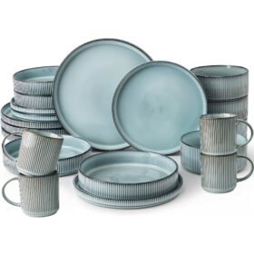 Set vesela complet, serviciu de masa cu 20 farfurii, boluri, farfurii adanci, cani din ceramica glazurata Albastru-verde, colorate, Callena Smokey Blue