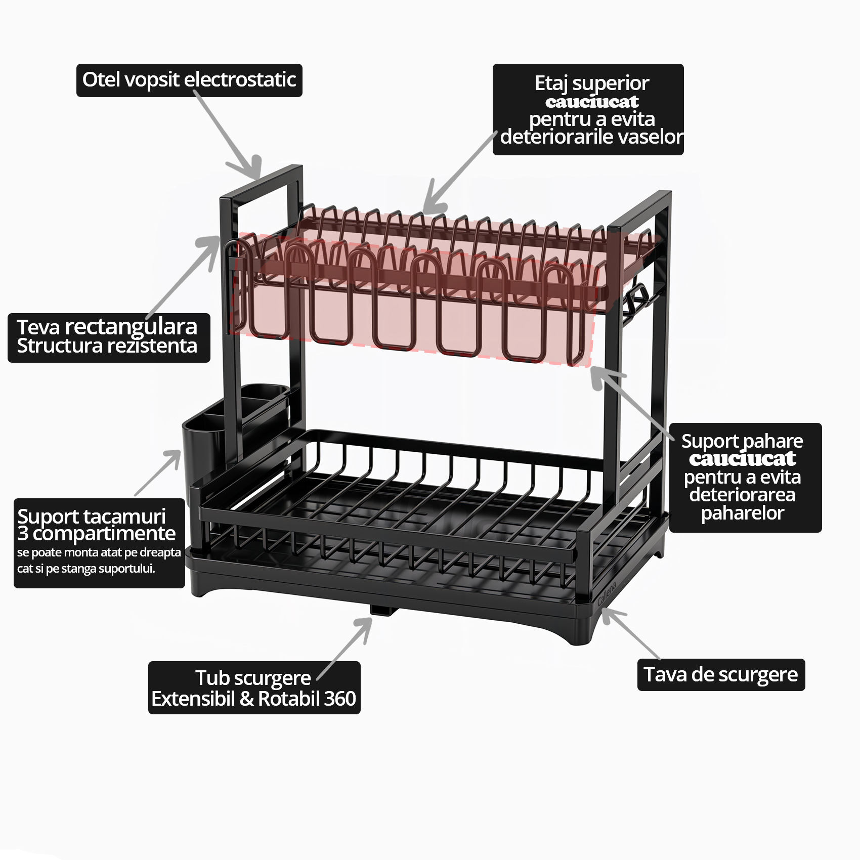 Scurgator vase chiuveta etajat, uscator vase cu protectii cauciuc, suport pahare si tacamuri, tava si tub de scurgere, negru, 42x39x30cm, Callena Scurgator vase chiuveta etajat, uscator vase cu protectii cauciuc, suport pahare si tacamuri, tava si tub de scurgere, negru, 42x39x30cm, Callena - imagine 3