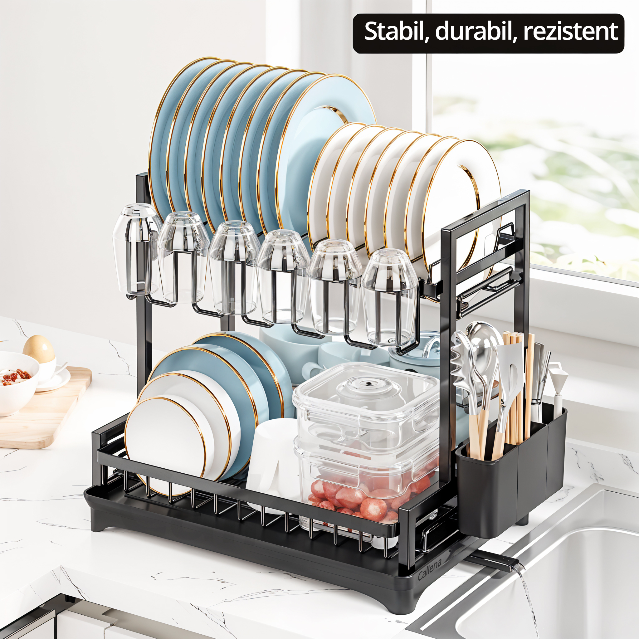 Scurgator vase chiuveta etajat, uscator vase cu protectii cauciuc, suport pahare si tacamuri, tava si tub de scurgere, negru, 42x39x30cm, Callena Scurgator vase chiuveta etajat, uscator vase cu protectii cauciuc, suport pahare si tacamuri, tava si tub de scurgere, negru, 42x39x30cm, Callena - imagine 6