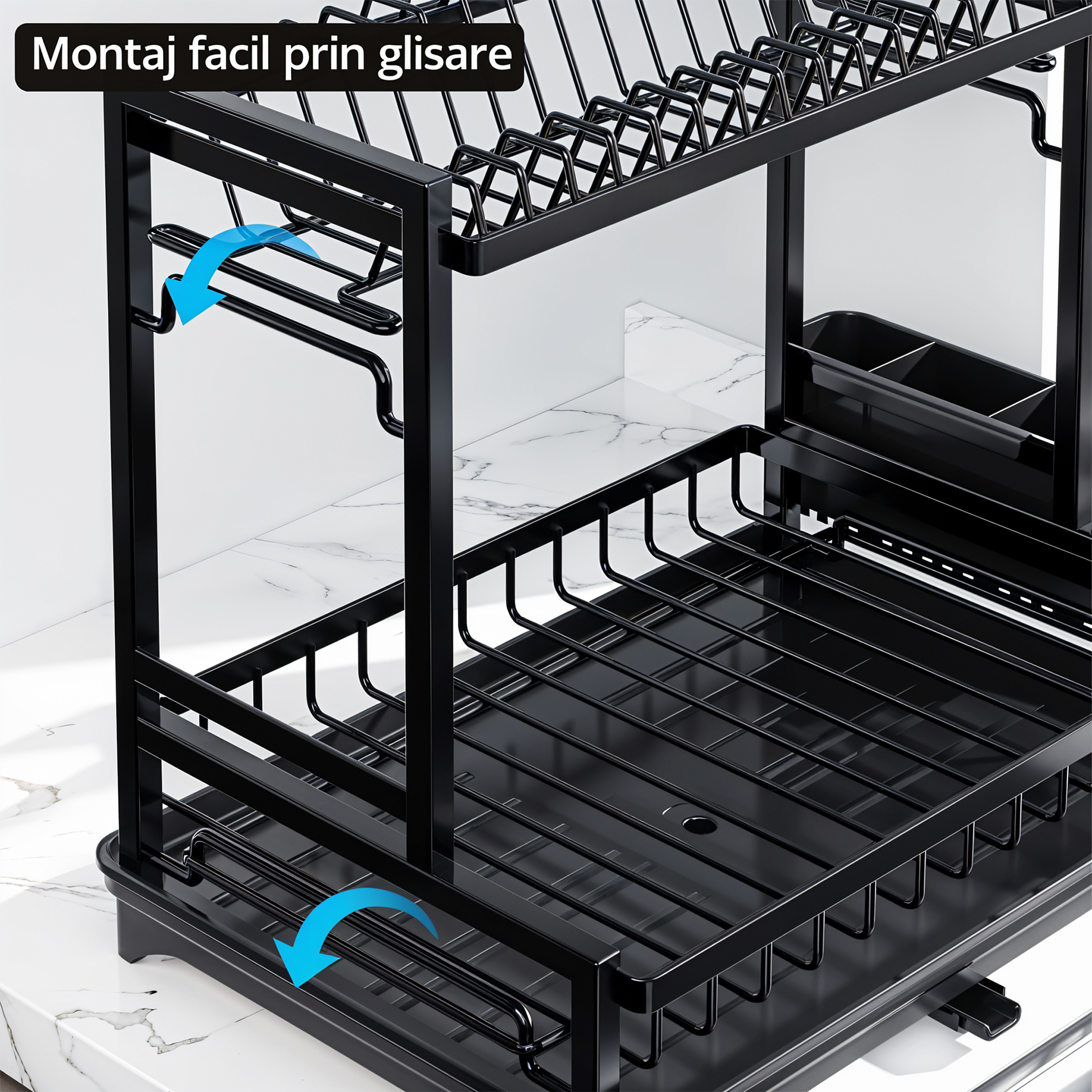 Scurgator vase chiuveta etajat, uscator vase cu protectii cauciuc, suport pahare si tacamuri, tava si tub de scurgere, negru, 42x39x30cm, Callena Scurgator vase chiuveta etajat, uscator vase cu protectii cauciuc, suport pahare si tacamuri, tava si tub de scurgere, negru, 42x39x30cm, Callena - imagine 4
