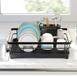 Scurgator vase chiuveta cu protectii cauciuc, manere bambus, tub de scurgere, negru, vintage, 42x31x14cm