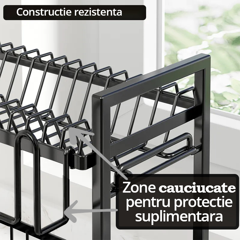 Scurgator vase chiuveta etajat, uscator vase cu protectii cauciuc, suport pahare si tacamuri, tava si tub de scurgere, negru, 42x39x30cm, Callena Scurgator vase chiuveta etajat, uscator vase cu protectii cauciuc, suport pahare si tacamuri, tava si tub de scurgere, negru, 42x39x30cm, Callena - imagine 2