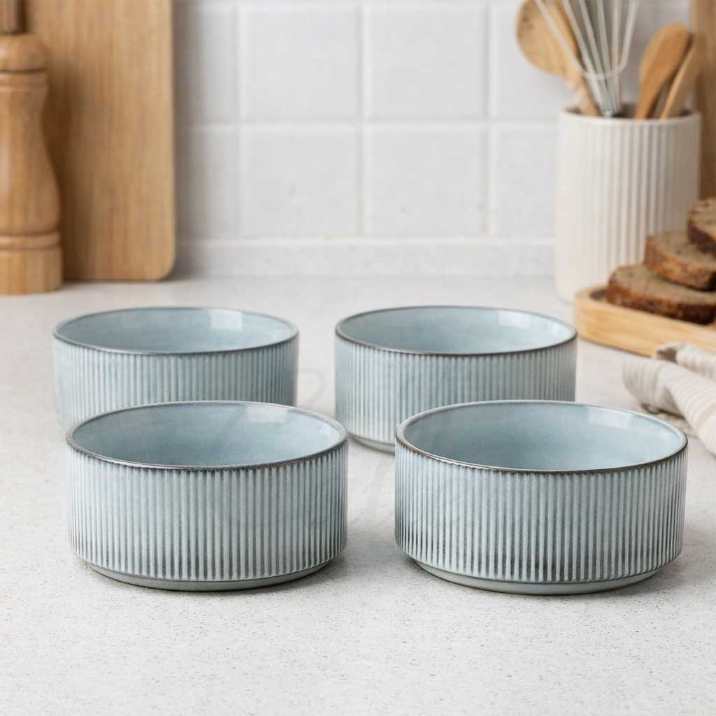 Set 4 farfurii adanci, farfurii ceramica glazurata verde-albastru, 14x6cm, Callena Smokey-Blue