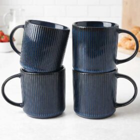 Set 4 cani cafea ceramica dublu glazurata, pentru cappuccino, ceai, cani moderne,  albastru, Callena Cosmic Blue, 340 ml, 9x8.5 cm