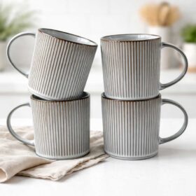 Set 4 cani cafea ceramica dublu glazurata, pentru cappuccino, ceai, cani moderne,  verde-albastru, Callena Smokey Blue, 340ml, 9x8.5 cm