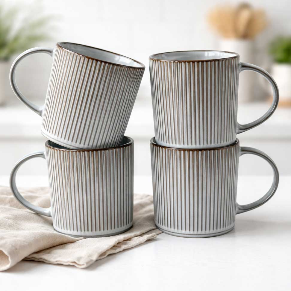 Set 4 cani cafea ceramica dublu glazurata, pentru cappuccino, ceai, cani moderne,  verde-albastru, Callena Smokey Blue, 340ml, 9x8.5 cm