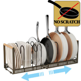 Suport reglabil capace oale, cratite, organizator tigai, cu 2 manere bambus, 7 separatoare cu protectie cauciuc, otel, pentru dulap, blat, Bronz, 32-58 cm, orizontal, Callena