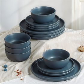Set vesela, serviciu de masa cu 12 farfurii, boluri din ceramica, albastru inchis cu puncte negre, Callena Nordic Simplicity