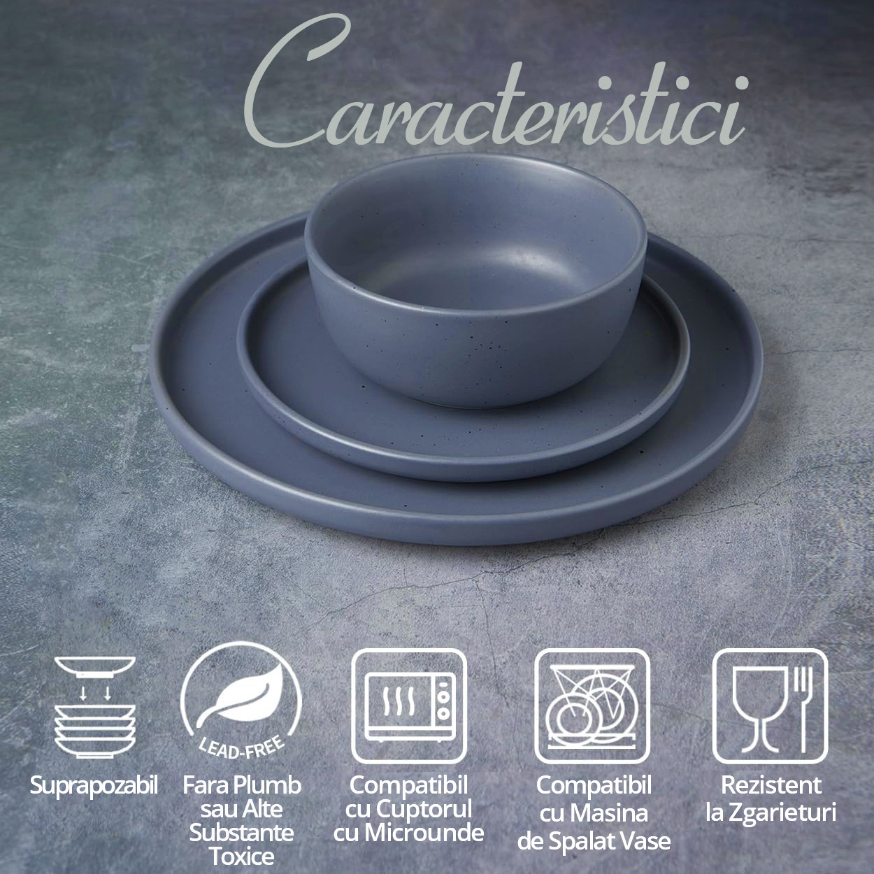 Set vesela, serviciu de masa cu 12 farfurii, boluri din ceramica, albastru inchis cu puncte negre, Callena Nordic Simplicity Set vesela, serviciu de masa cu 12 farfurii, boluri din ceramica, albastru inchis cu puncte negre, Callena Nordic Simplicity - imagine 3