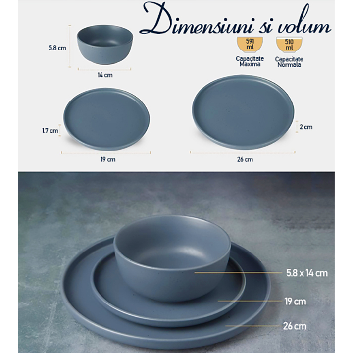 Set vesela, serviciu de masa cu 12 farfurii, boluri din ceramica, albastru inchis cu puncte negre, Callena Nordic Simplicity Set vesela, serviciu de masa cu 12 farfurii, boluri din ceramica, albastru inchis cu puncte negre, Callena Nordic Simplicity - imagine 2
